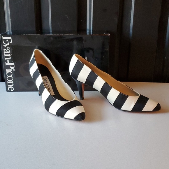 Evan-Picone Black & White Striped Heels 6.5 - Picture 2 of 9